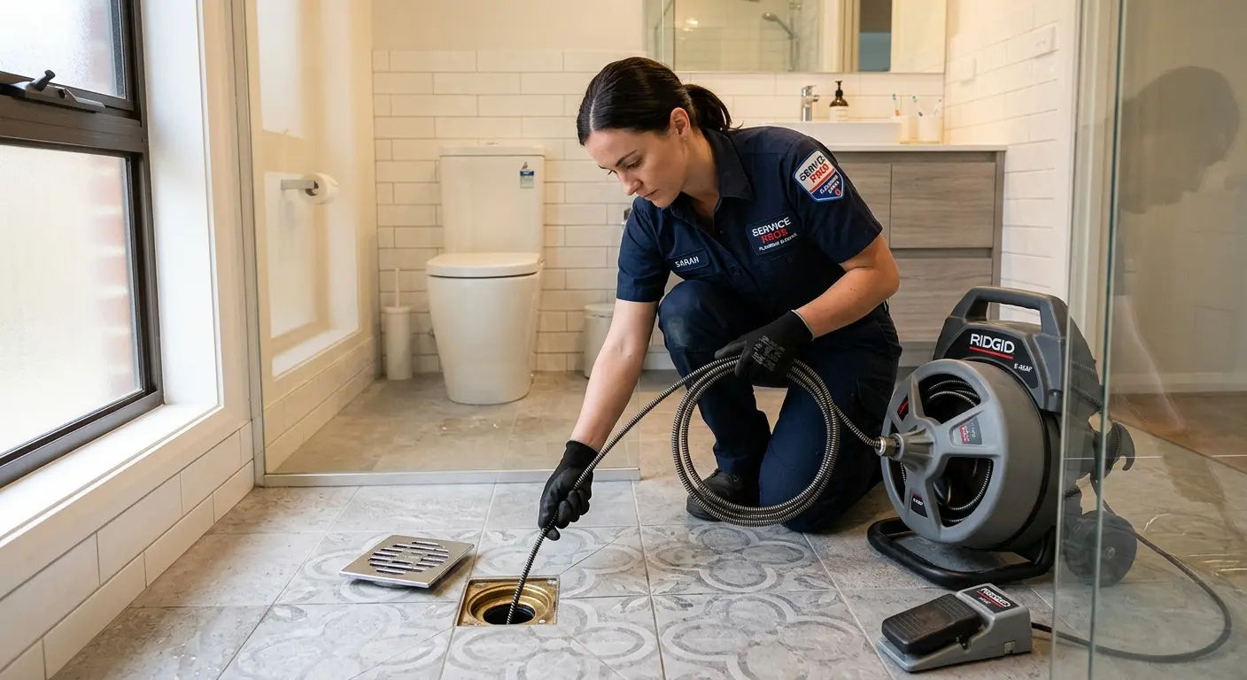 Technician clearing a bathroom floor drain for Sewer Line Replacement in Clermont
